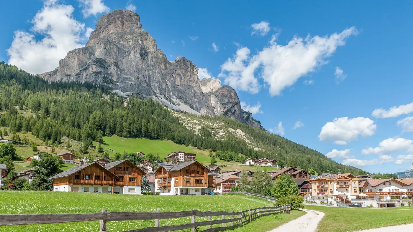The village of Corvara at the foot of the Sassongher peak, Alta Badia