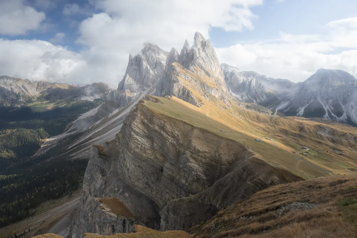 The Odle spires seen from the Seceda ridgeline above Val Gardena, Dolomites