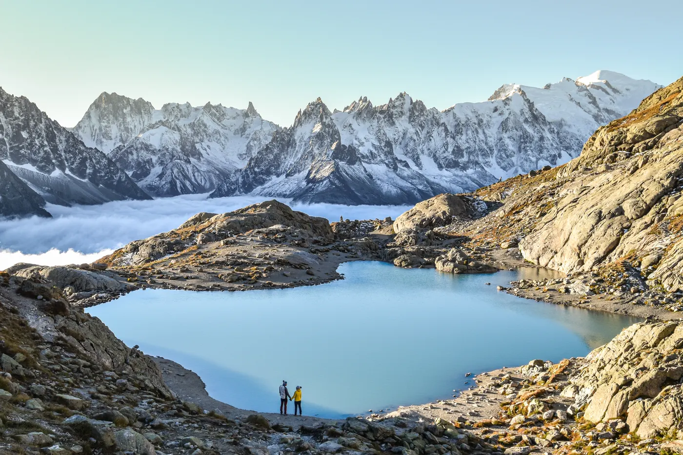 Lac Blanc in the Aiguilles Rouges above Chamonix, the Mont Blanc massif reflected in still water